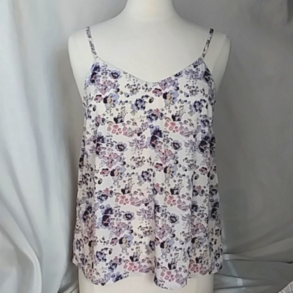 Hayden Tank Top Floral Trapeze Swing Style Silky Spaghetti Straps Violets size M